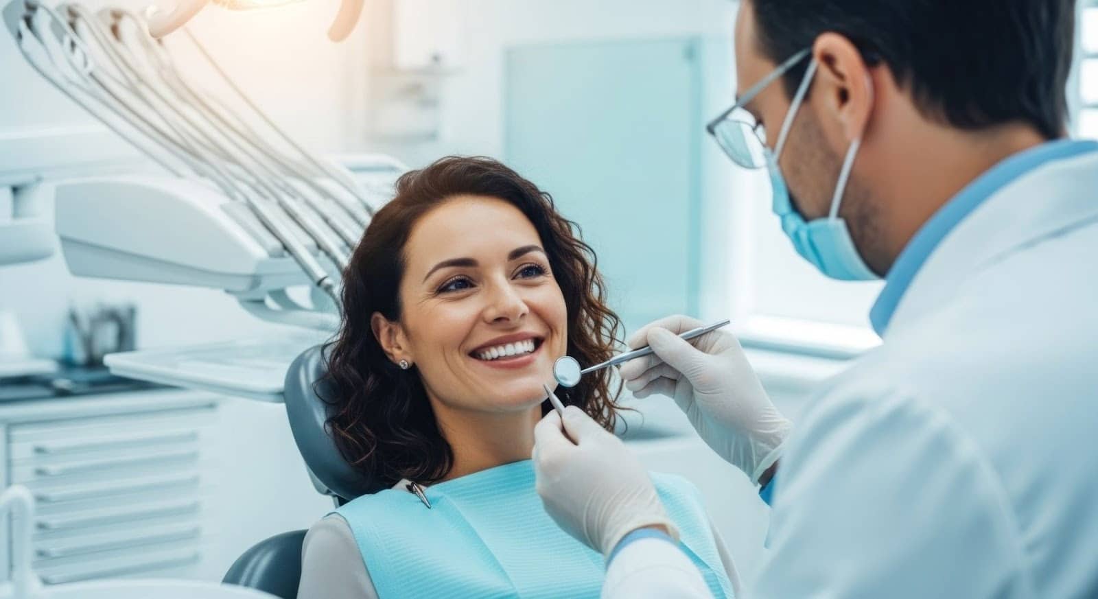 Tannlege undersøker kvinnelig pasient som smiler i tannlegestolen under rutinekontroll.